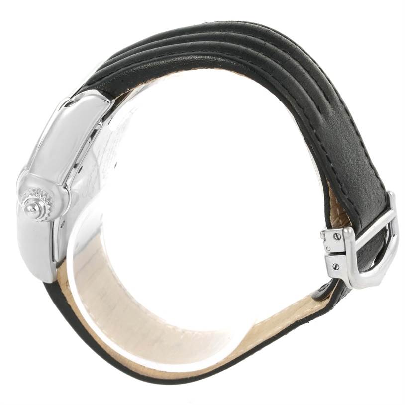 The image shows the side and back view of a Cartier Roadster W62025V3 Men's Stainless Steel Silver Dial W62025V3 Men's Stainless Steel Silver Dial watch, focusing on the leather strap and clasp.