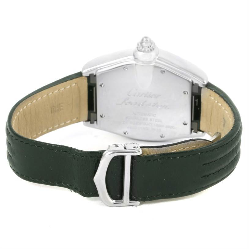 The image shows the back and strap of the Cartier Roadster W62025V3 Men's Stainless Steel Silver Dial W62025V3 Men's Stainless Steel Silver Dial watch, focusing on the clasp and case back.