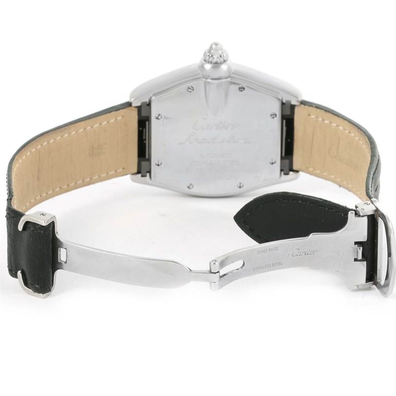The image shows the back view of the Cartier Roadster W62025V3 Men's Stainless Steel Silver Dial W62025V3 Men's Stainless Steel Silver Dial watch with an open clasp and leather band.