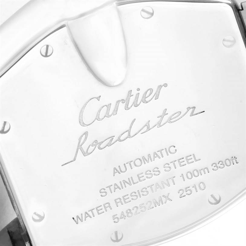 This image shows the back case of a Cartier Roadster W62041V3 Men
s Stainless Steel Black Dial W62041V3 Men
s Stainless Steel Black Dial watch detailing specifications like water resistance and material.