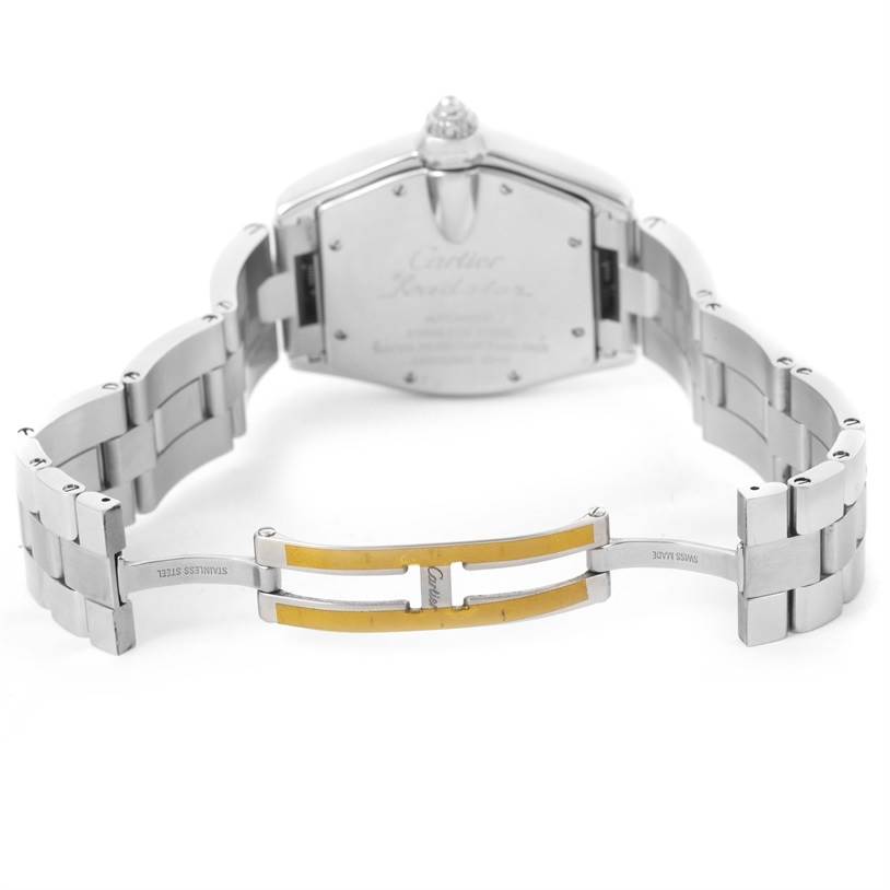 The image shows the back view and open clasp of a Cartier Roadster W62041V3 Men
s Stainless Steel Black Dial W62041V3 Men
s Stainless Steel Black Dial watch.