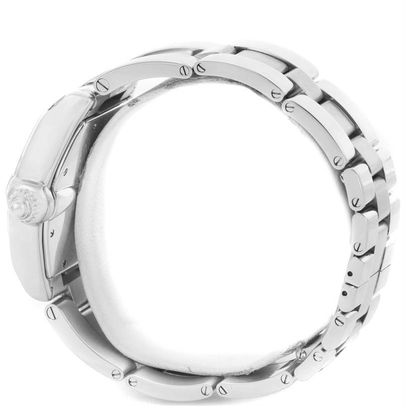 The image shows a side profile view of the Cartier Roadster W62041V3 Men
s Stainless Steel Black Dial W62041V3 Men
s Stainless Steel Black Dial watch, highlighting the band and crown.