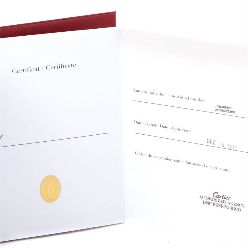 This image shows an open certificate for a Cartier Roadster W62041V3 Men
s Stainless Steel Black Dial W62041V3 Men
s Stainless Steel Black Dial watch, including individual number and date of purchase.