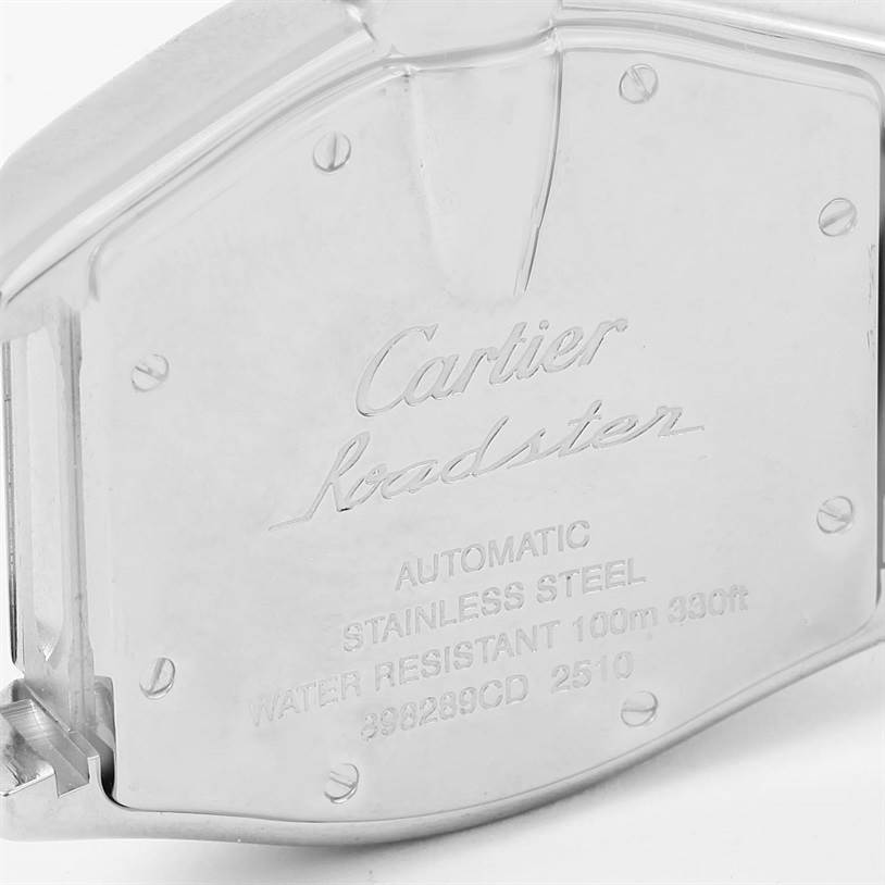 The image shows the close-up of the back case of a Cartier Roadster W62000V3 Men's Stainless Steel Silver Dial W62000V3 Men's Stainless Steel Silver Dial watch, detailing its specifications.