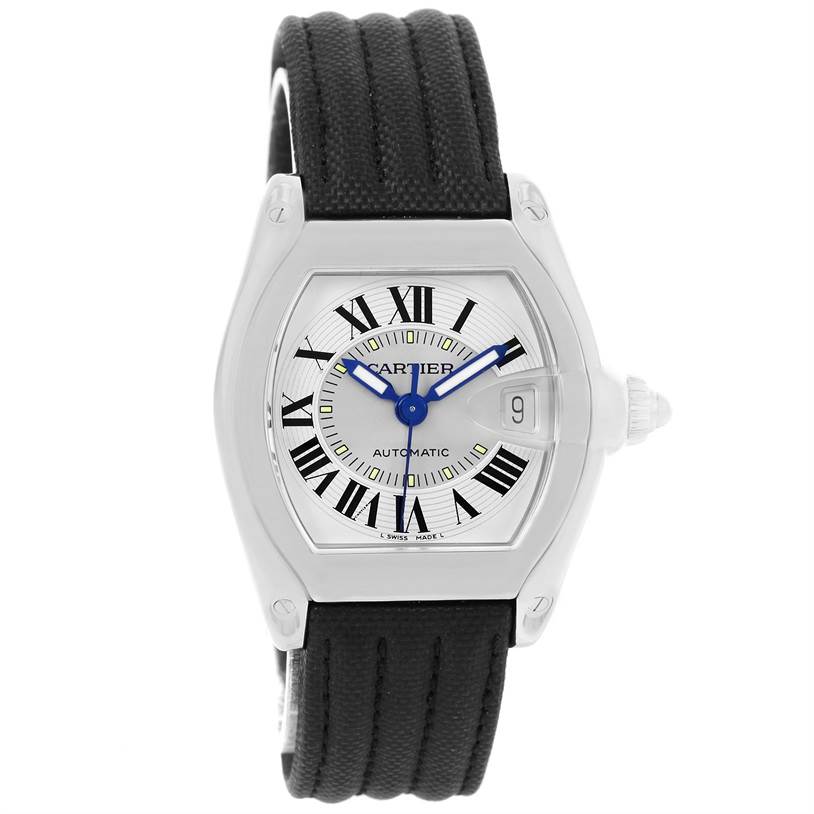 The image shows a front view of the Cartier Roadster W62000V3 Men's Stainless Steel Silver Dial W62000V3 Men's Stainless Steel Silver Dial model watch with a black strap and Roman numeral dial.