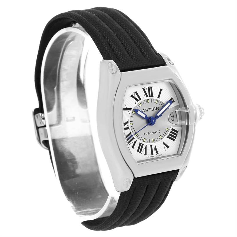 The image shows the Cartier Roadster W62000V3 Men's Stainless Steel Silver Dial W62000V3 Men's Stainless Steel Silver Dial watch at a slight side angle, highlighting its dial, case, and black strap.