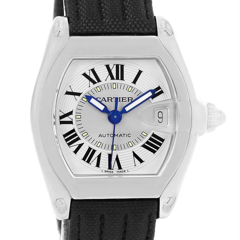 This image shows a front view of a Cartier Roadster W62000V3 Men's Stainless Steel Silver Dial W62000V3 Men's Stainless Steel Silver Dial watch, highlighting its face, hands, and date display.