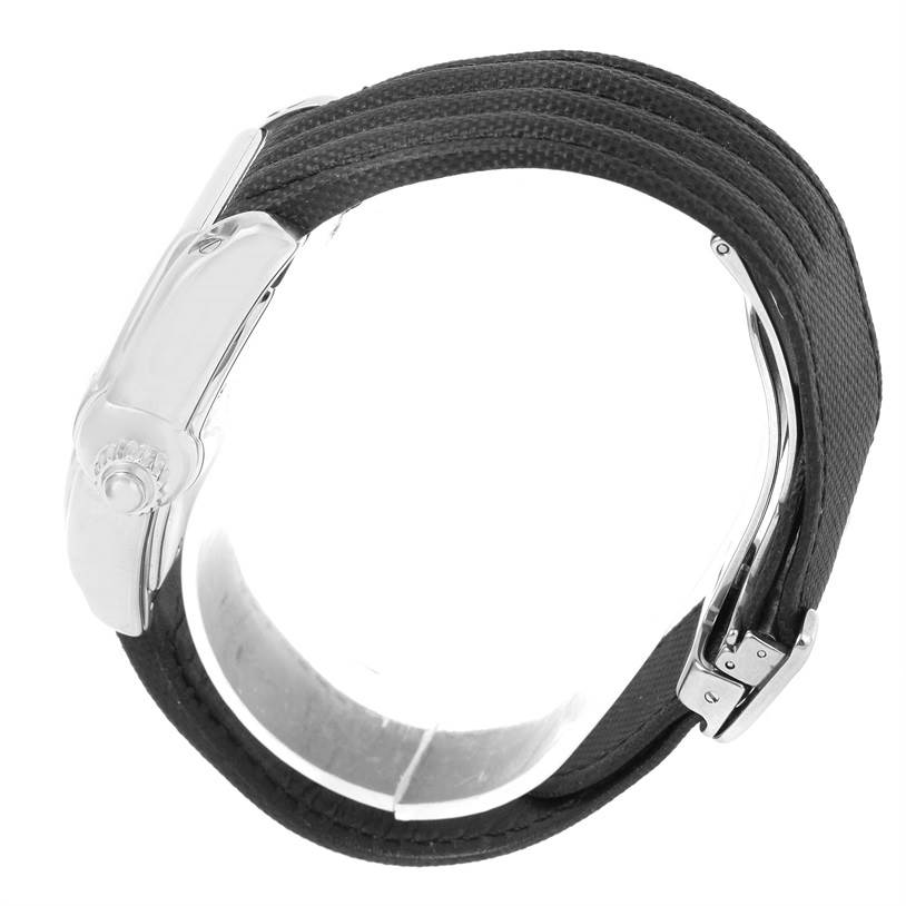 This image shows a side view of the Cartier Roadster W62000V3 Men's Stainless Steel Silver Dial W62000V3 Men's Stainless Steel Silver Dial watch, focusing on the clasp and black strap.