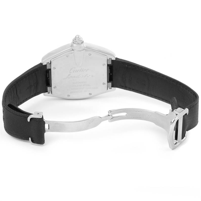 The image shows the back view of a Cartier Roadster W62000V3 Men's Stainless Steel Silver Dial W62000V3 Men's Stainless Steel Silver Dial watch, highlighting its clasp and black strap.