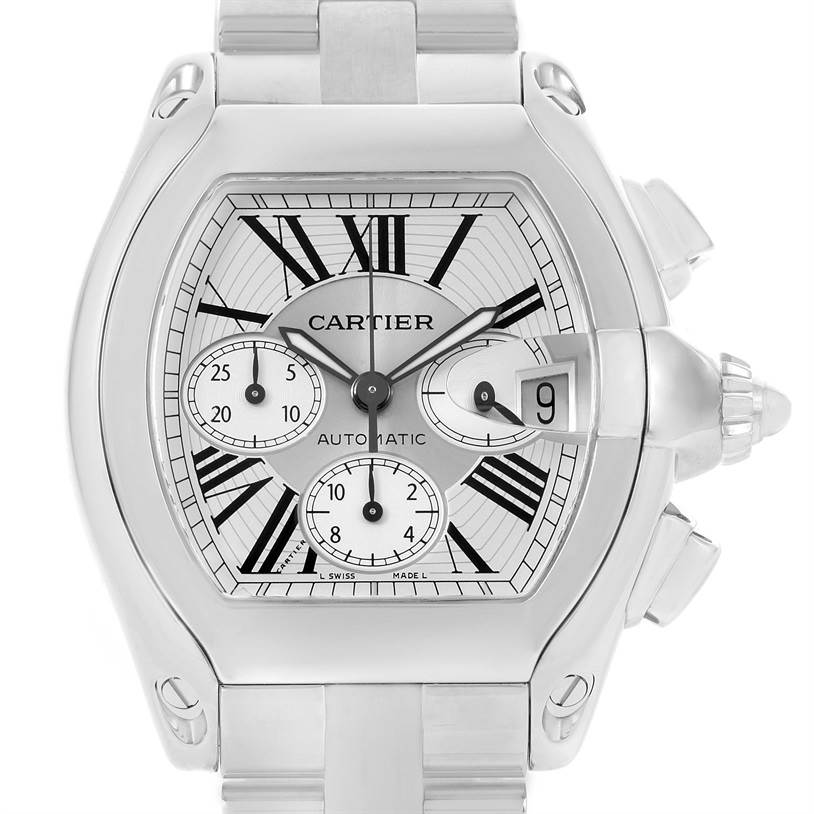 This image shows a front view of the Cartier Roadster W62019X6 Men
s Stainless Steel Silver Dial W62019X6 Men
s Stainless Steel Silver Dial watch, detailing its face and bracelets.