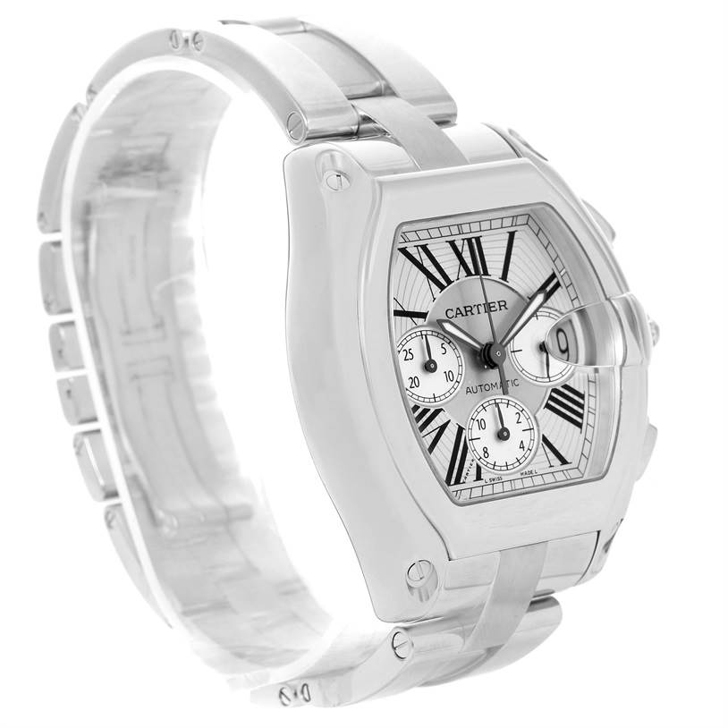 The image shows a Cartier Roadster W62019X6 Men
s Stainless Steel Silver Dial W62019X6 Men
s Stainless Steel Silver Dial watch from a front angle, displaying the dial, case, bracelet, and crown.