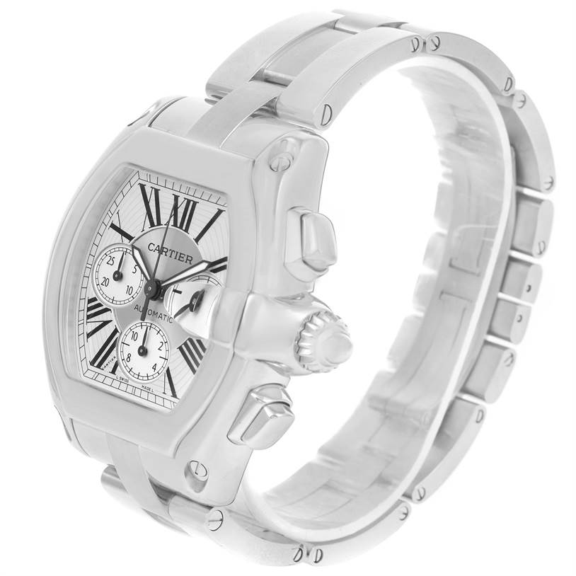 This image shows a front-side view of a Cartier Roadster W62019X6 Men
s Stainless Steel Silver Dial W62019X6 Men
s Stainless Steel Silver Dial watch, highlighting the dial, crown, and bracelet.
