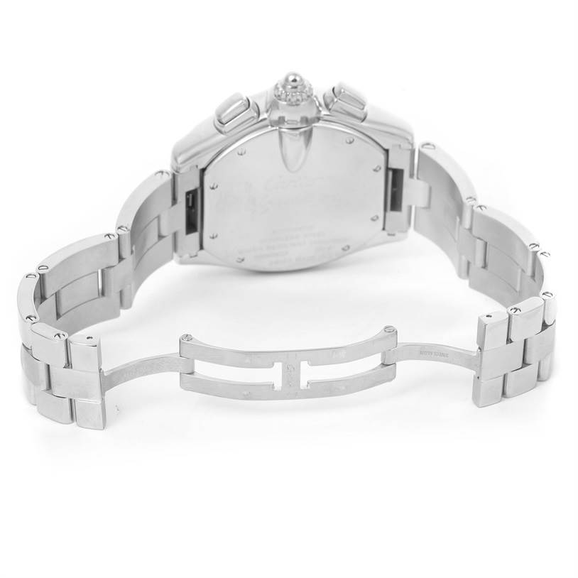 The image shows the back view of the Cartier Roadster W62019X6 Men
s Stainless Steel Silver Dial W62019X6 Men
s Stainless Steel Silver Dial watch, highlighting its metal bracelet and clasp.
