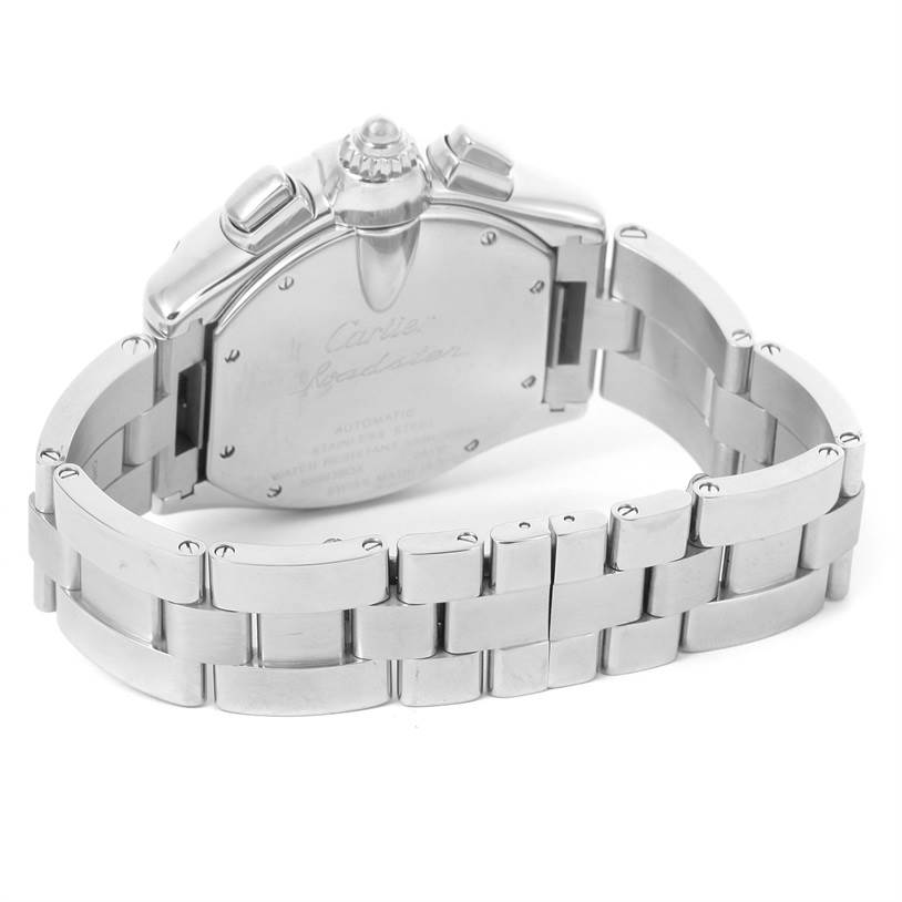 The image shows the back case and bracelet of a Cartier Roadster W62019X6 Men
s Stainless Steel Silver Dial W62019X6 Men
s Stainless Steel Silver Dial watch from a partial side-rear angle.