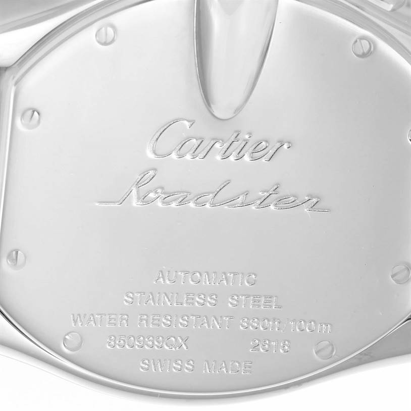 The image shows the back cover of a Cartier Roadster W62019X6 Men
s Stainless Steel Silver Dial W62019X6 Men
s Stainless Steel Silver Dial watch, displaying branding and specifications.