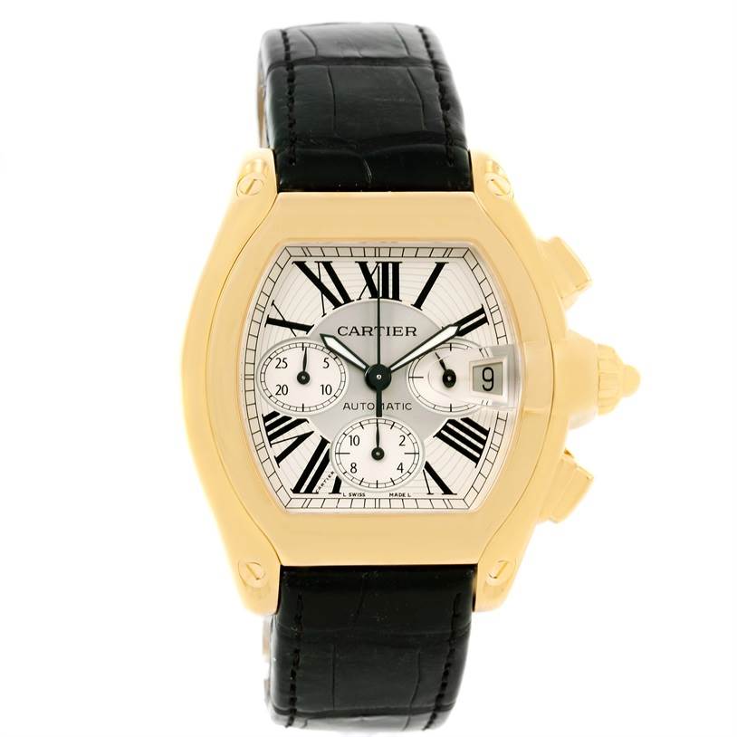 The image shows a front view of the Cartier Roadster W62021Y2 Men's Yellow Gold Silver Dial W62021Y2 Men's Yellow Gold Silver Dial watch, highlighting its face, dial, and black strap.