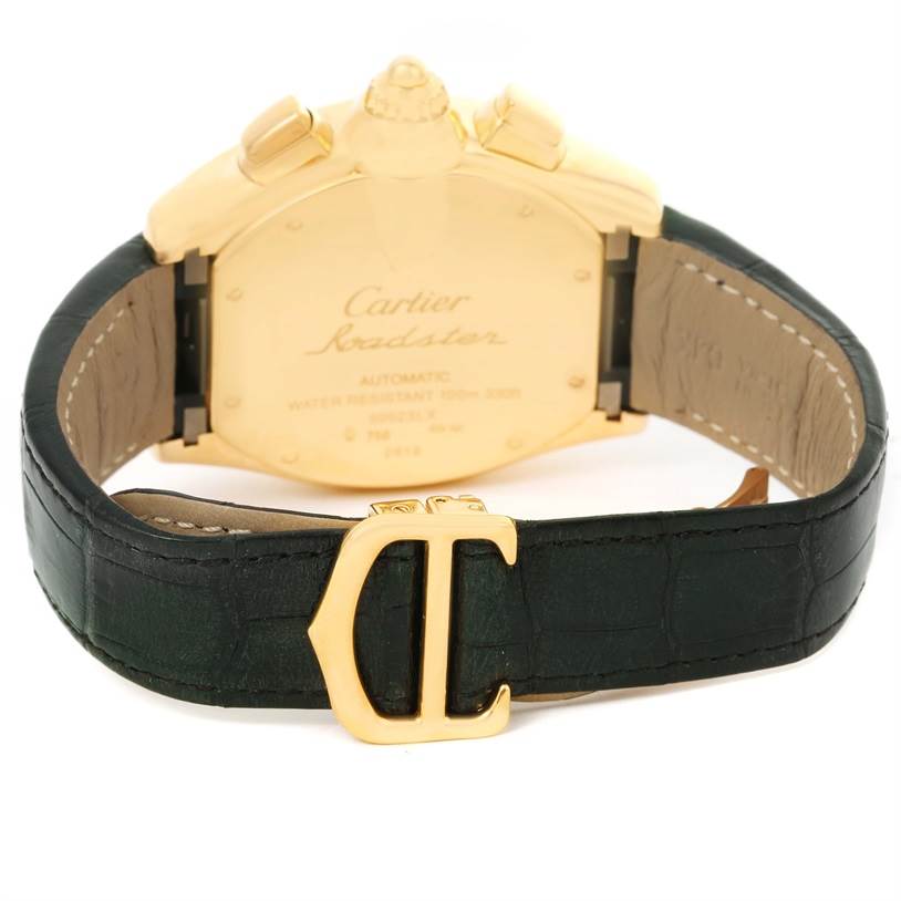 This image shows the back case and leather strap, including clasp, of a Cartier Roadster W62021Y2 Men's Yellow Gold Silver Dial W62021Y2 Men's Yellow Gold Silver Dial watch.