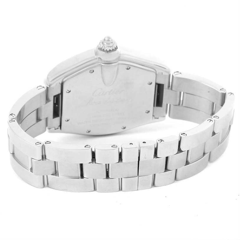 The image shows the back of the Cartier Roadster W62025V3 Men's Stainless Steel Silver Dial W62025V3 Men's Stainless Steel Silver Dial watch and its metal bracelet from a rear angle.