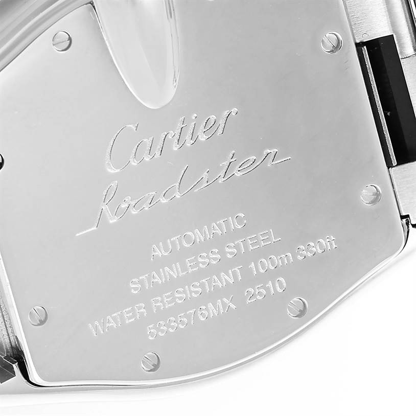 The image shows the back case of a Cartier Roadster W62025V3 Men's Stainless Steel Silver Dial W62025V3 Men's Stainless Steel Silver Dial watch.