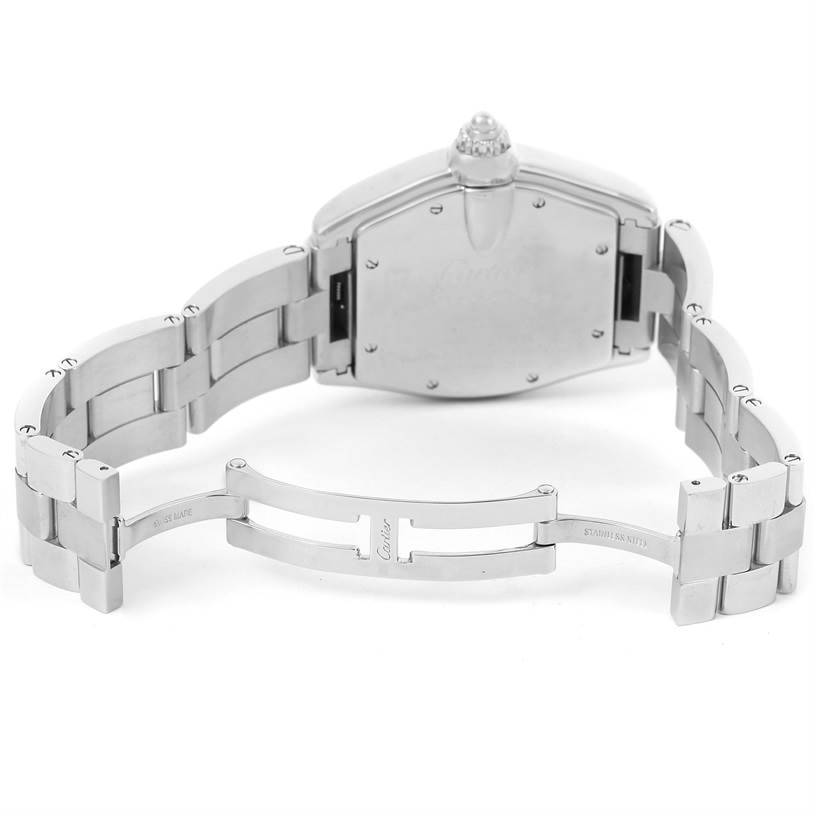 The image shows the back angle of a Cartier Roadster W62025V3 Men's Stainless Steel Silver Dial W62025V3 Men's Stainless Steel Silver Dial watch with its metal bracelet and deployment clasp extended.