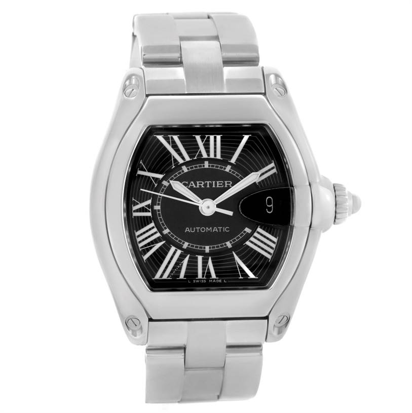 The Cartier Roadster W62041V3 Men
s Stainless Steel Black Dial W62041V3 Men
s Stainless Steel Black Dial watch is shown from a front angle, displaying its face, bezel, and part of the metal band.