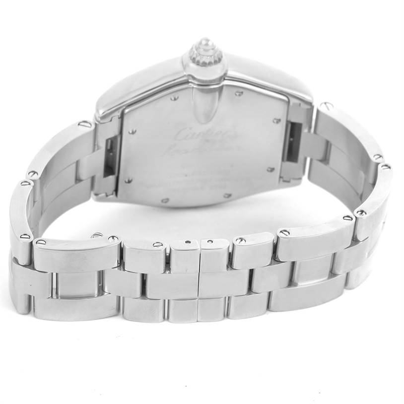 This image shows the back case and bracelet of a Cartier Roadster W62041V3 Men
s Stainless Steel Black Dial W62041V3 Men
s Stainless Steel Black Dial watch from a rear angle.