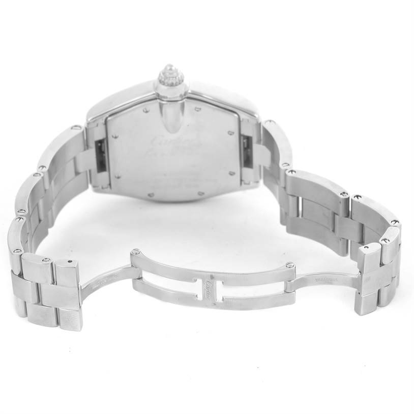 This image shows the Cartier Roadster W62041V3 Men
s Stainless Steel Black Dial W62041V3 Men
s Stainless Steel Black Dial watch from the back, focusing on its open stainless steel bracelet and clasp.