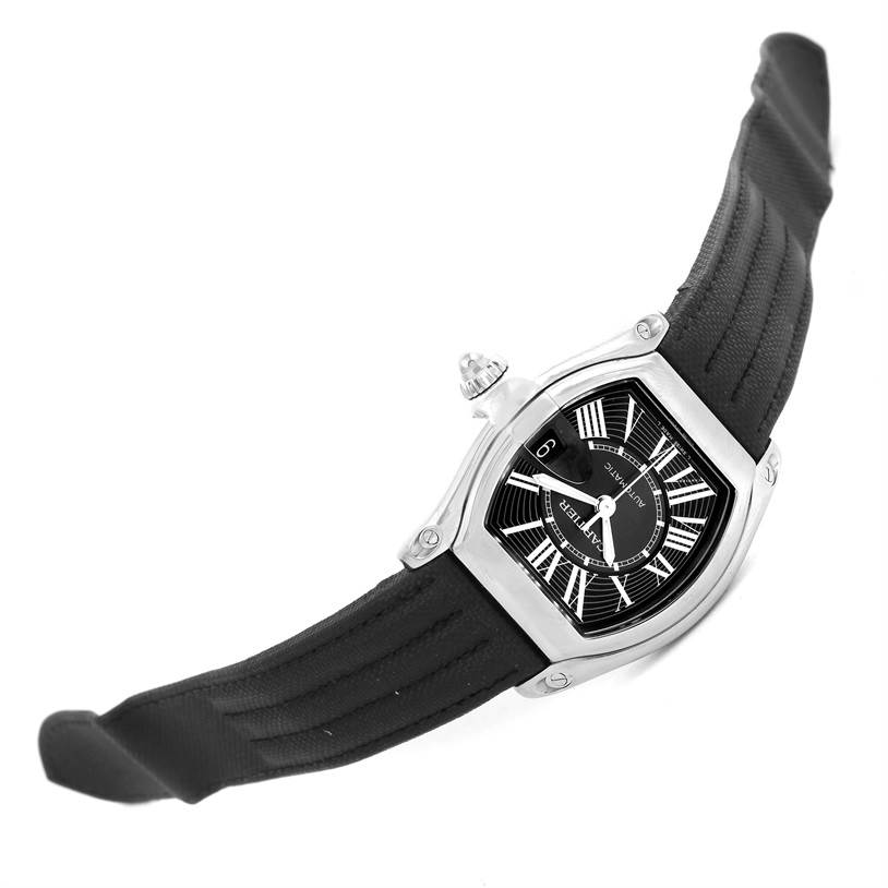 This Cartier Roadster W62041V3 Men
s Stainless Steel Black Dial W62041V3 Men
s Stainless Steel Black Dial watch is shown at an angle highlighting the dial, crown, and black strap.