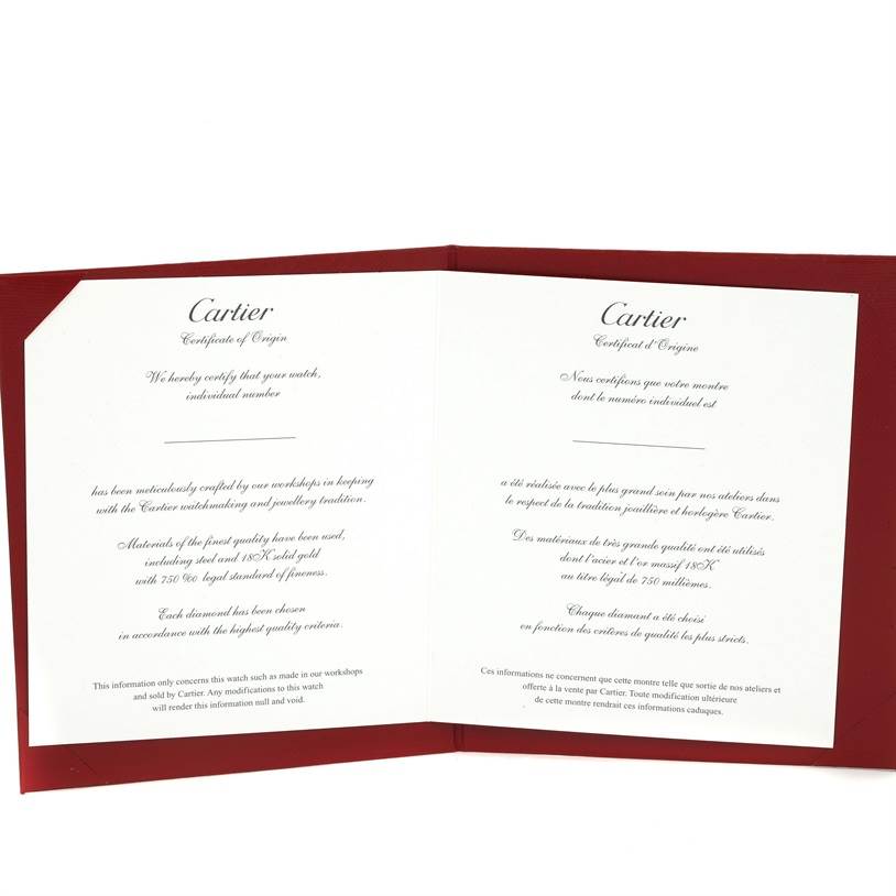 The image shows a Cartier Certificate of Origin booklet or document for a Cartier Roadster W62041V3 Men
s Stainless Steel Black Dial W62041V3 Men
s Stainless Steel Black Dial model watch, displayed open.