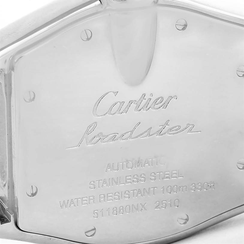 This image shows the back case of the Cartier Roadster W62041V3 Men
s Stainless Steel Black Dial W62041V3 Men
s Stainless Steel Black Dial watch, highlighting the engraved model and brand details.