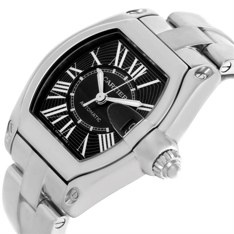 This Cartier Roadster W62041V3 Men
s Stainless Steel Black Dial W62041V3 Men
s Stainless Steel Black Dial model watch is shown from a slight side angle, highlighting the face, bezel, crown, and part of the bracelet.