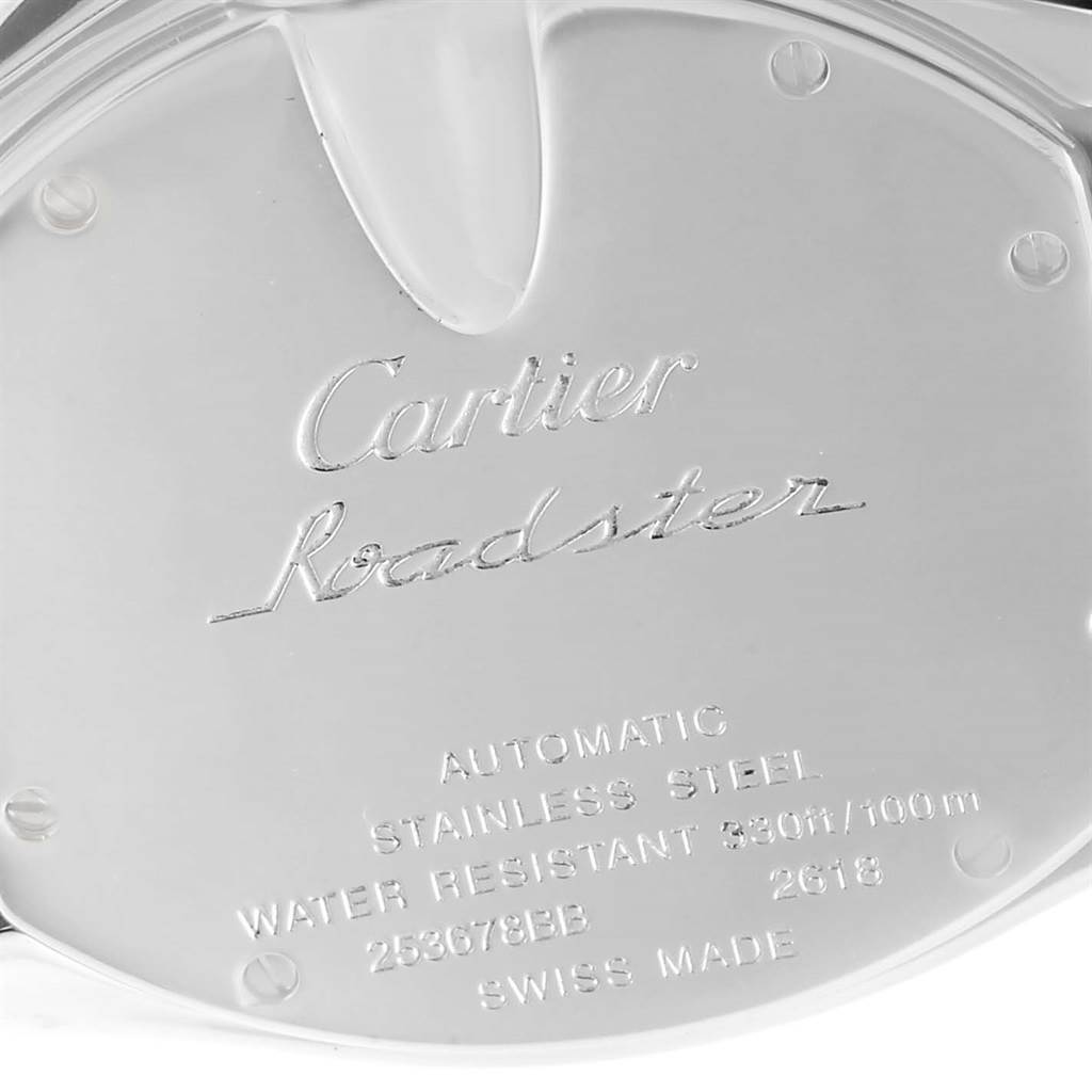 The image shows the back case of a Cartier Roadster W62019X6 Men's Stainless Steel Silver Dial W62019X6 Men's Stainless Steel Silver Dial watch, displaying brand engravings and specifications.