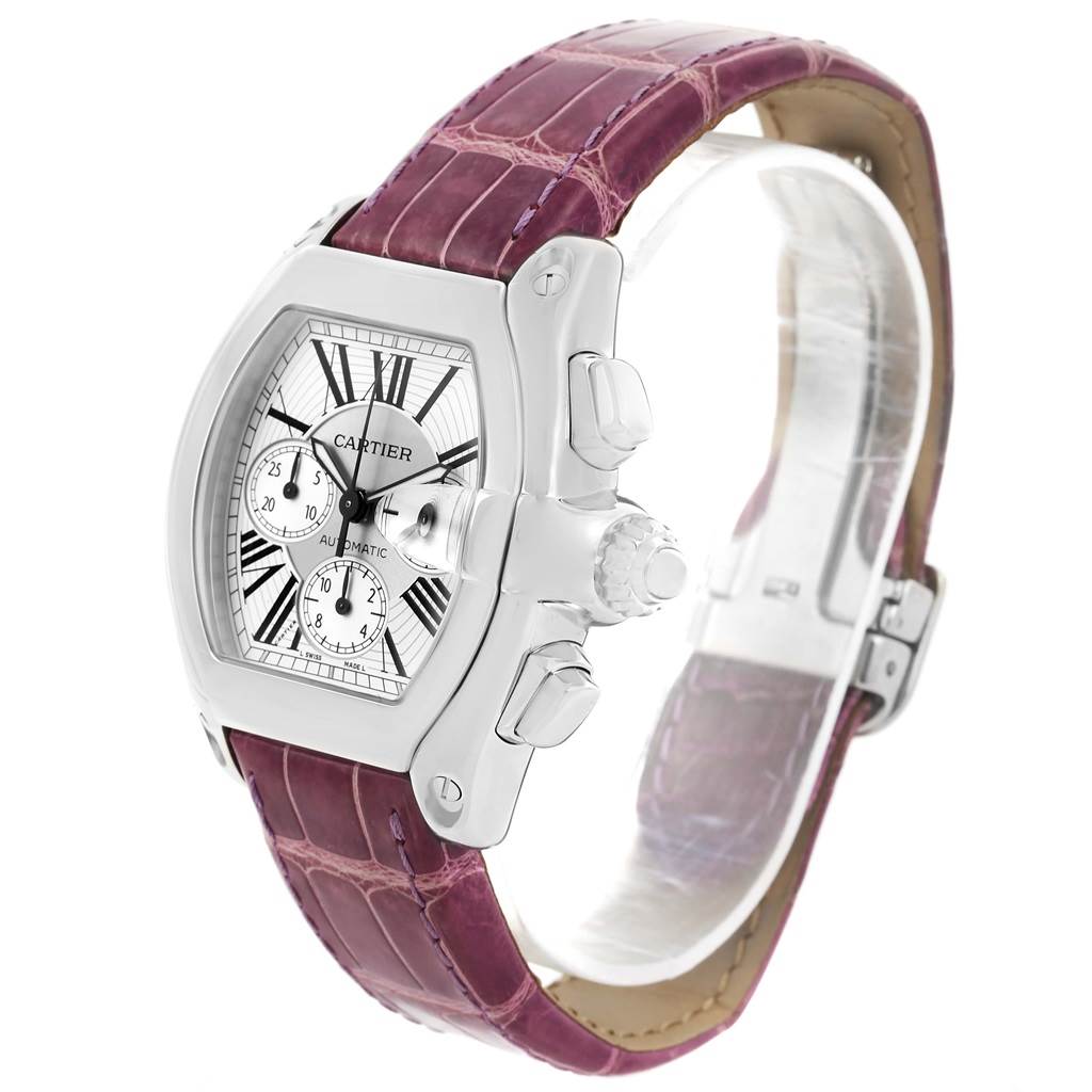 The Cartier Roadster W62019X6 Men's Stainless Steel Silver Dial W62019X6 Men's Stainless Steel Silver Dial watch is shown at a three-quarter angle, highlighting the face, crown, and strap.