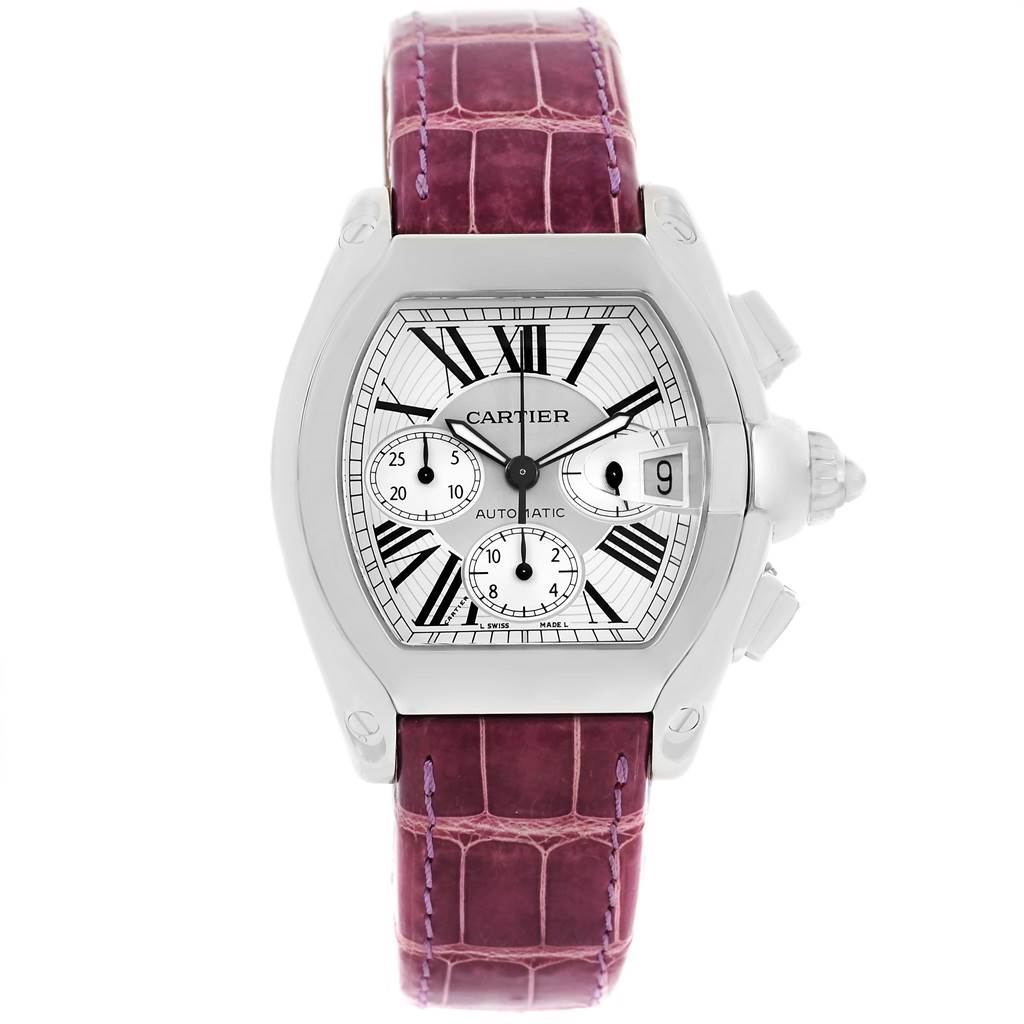 The image shows a Cartier Roadster W62019X6 Men's Stainless Steel Silver Dial W62019X6 Men's Stainless Steel Silver Dial watch, front view, displaying its dial, subdials, date window, and strap.