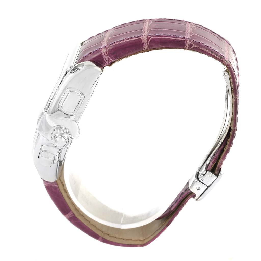 This image displays a side view of the Cartier Roadster W62019X6 Men's Stainless Steel Silver Dial W62019X6 Men's Stainless Steel Silver Dial watch with a purple leather strap.