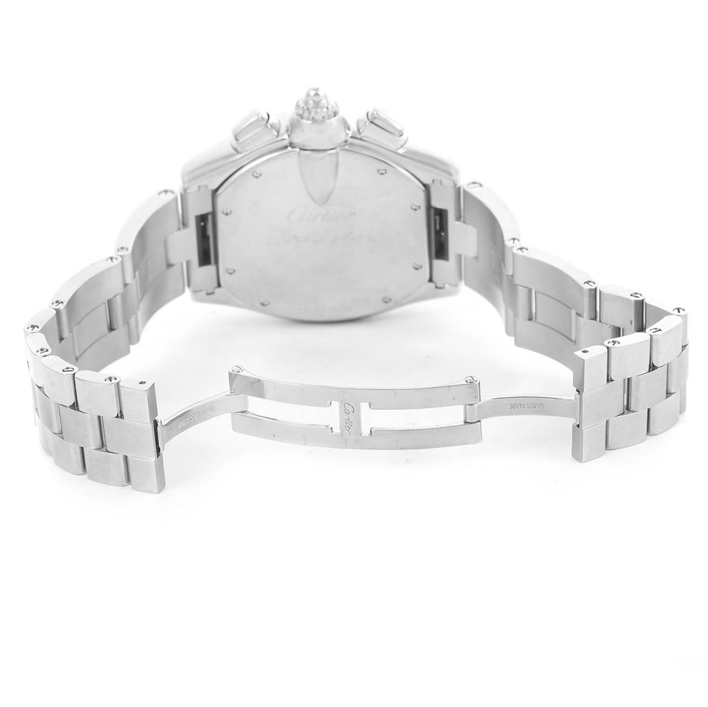 This image shows the back and open clasp of a Cartier Roadster W62020X6 Men's Stainless Steel Black Dial W62020X6 Men's Stainless Steel Black Dial watch.