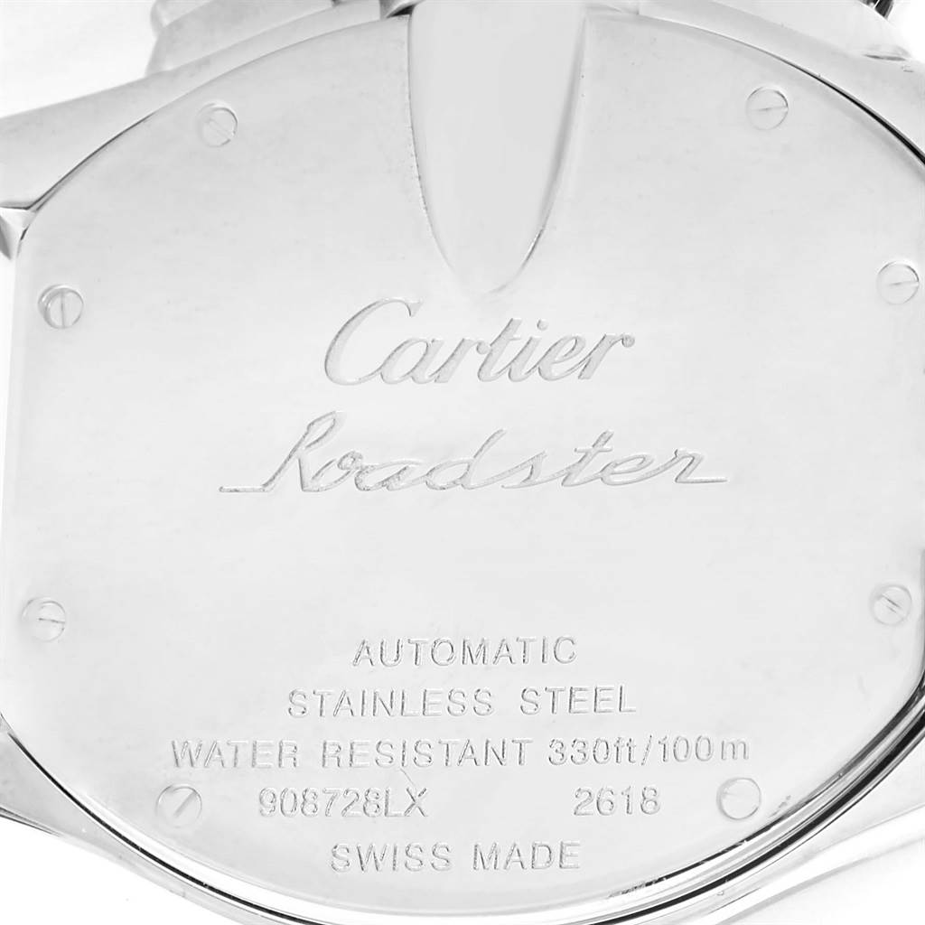 This image shows the case back of the Cartier Roadster W62020X6 Men's Stainless Steel Black Dial W62020X6 Men's Stainless Steel Black Dial watch, displaying the model name and specifications.