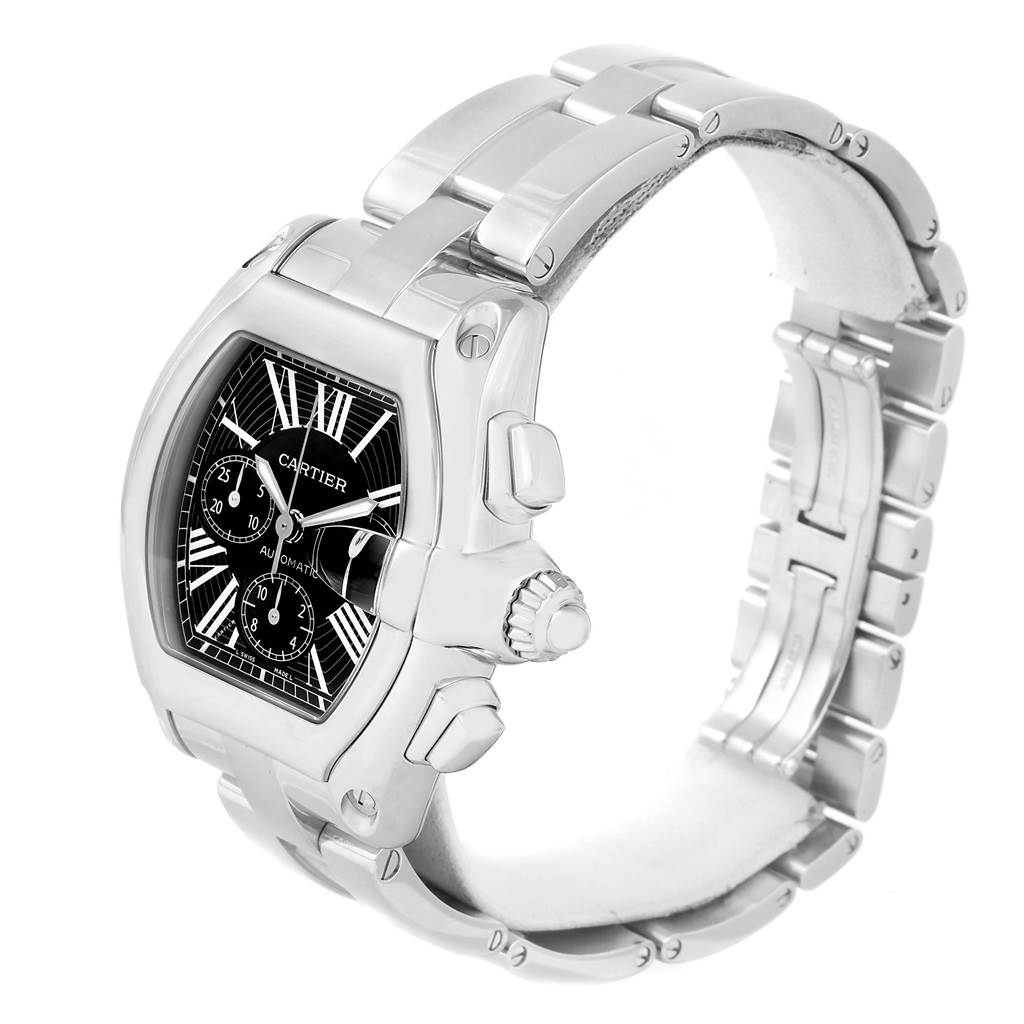 The Cartier Roadster W62020X6 Men's Stainless Steel Black Dial W62020X6 Men's Stainless Steel Black Dial watch is shown at a slight angle, displaying its dial, crown, and bracelet.