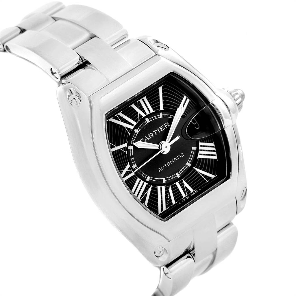 The image shows a close-up angle of the face and bracelet of a Cartier Roadster W62041V3 Men's Stainless Steel Black Dial W62041V3 Men's Stainless Steel Black Dial watch.