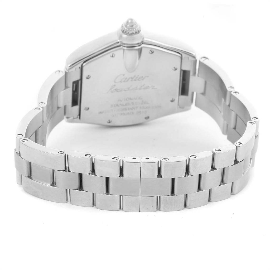 This image shows the back view and stainless steel bracelet of a Cartier Roadster W62041V3 Men's Stainless Steel Black Dial W62041V3 Men's Stainless Steel Black Dial watch.