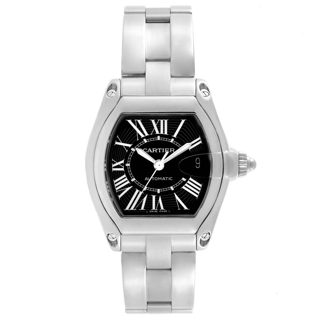 The image shows a front view of the Cartier Roadster W62041V3 Men's Stainless Steel Black Dial W62041V3 Men's Stainless Steel Black Dial watch, displaying its face, bezel, and part of the bracelet.