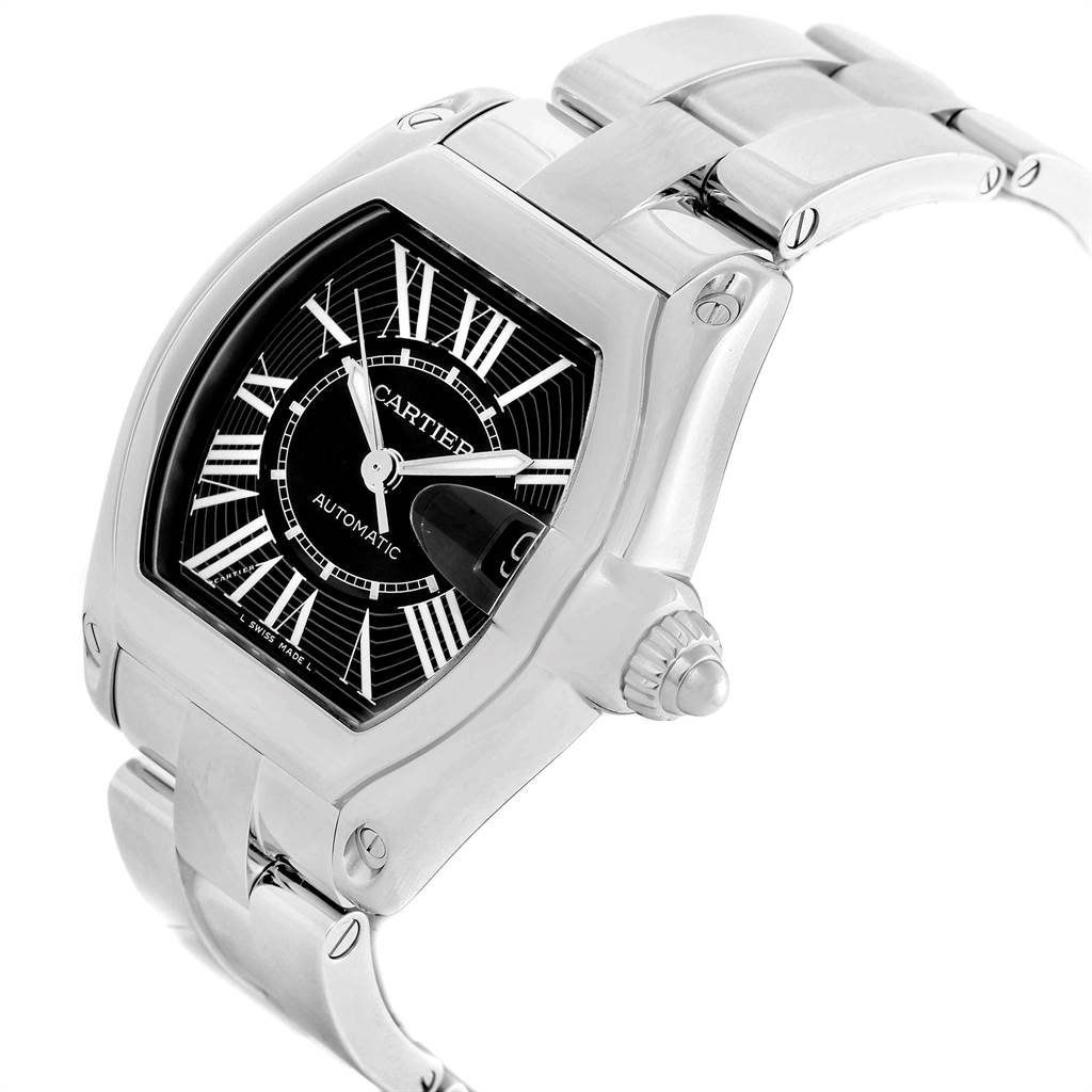 The Cartier Roadster W62041V3 Men's Stainless Steel Black Dial W62041V3 Men's Stainless Steel Black Dial watch is shown at a three-quarter angle, highlighting the watch face, bezel, crown, and part of the bracelet.