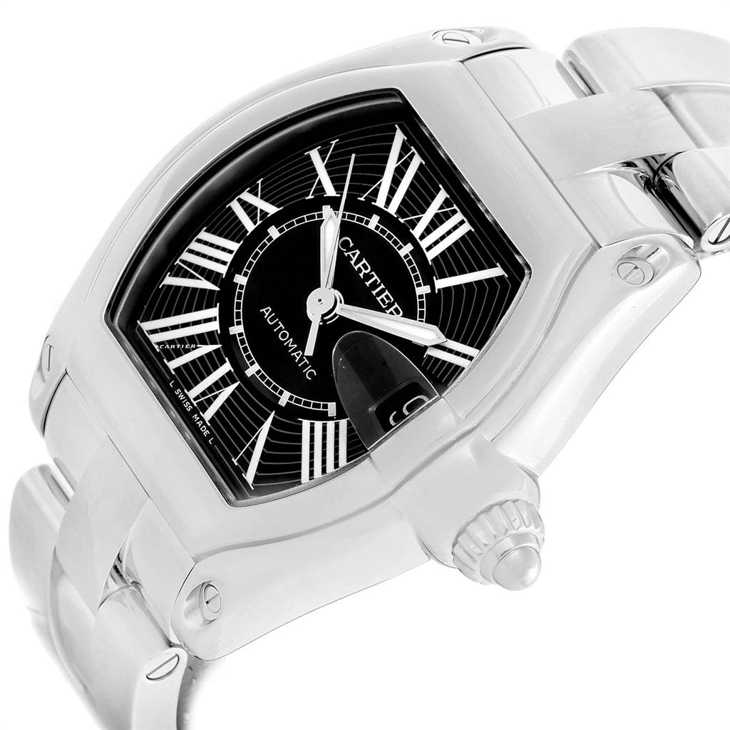The Cartier Roadster W62041V3 Men's Stainless Steel Black Dial W62041V3 Men's Stainless Steel Black Dial watch is shown from an angled close-up highlighting its case, dial, and part of the bracelet.