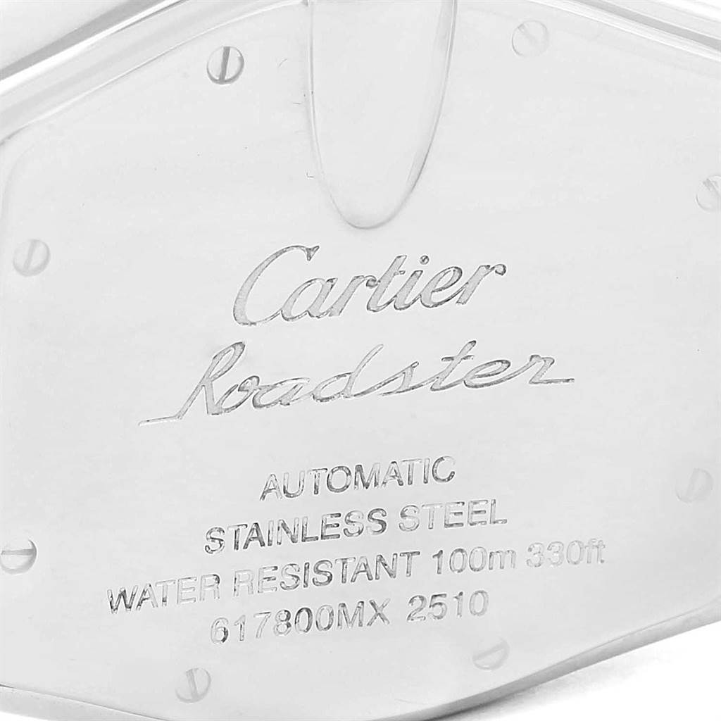 This image shows the case back of a Cartier Roadster W62041V3 Men's Stainless Steel Black Dial W62041V3 Men's Stainless Steel Black Dial watch, displaying engravings with specifications.