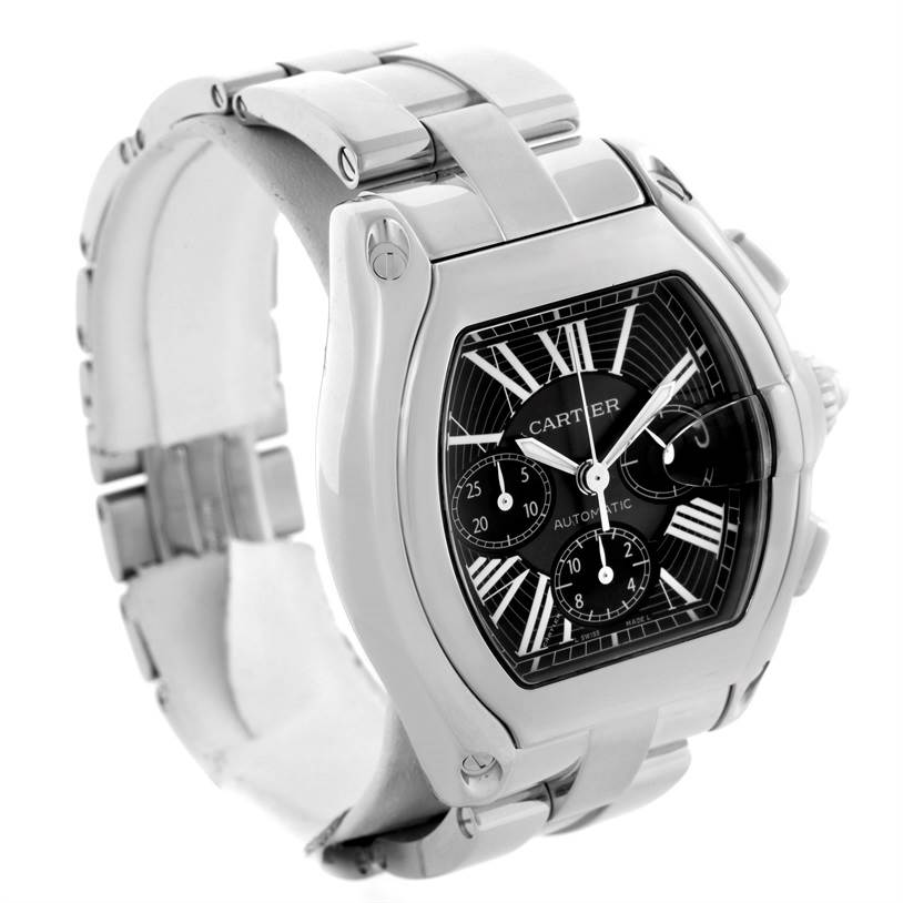 This image shows a Cartier Roadster W62020X6 Men's Stainless Steel Black Dial W62020X6 Men's Stainless Steel Black Dial watch from a 3/4 angle, highlighting the face, bezel, and bracelet.