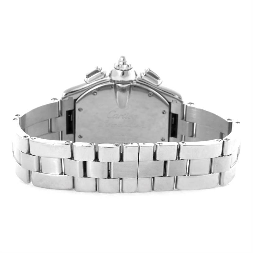 The image shows the back view and bracelet of the Cartier Roadster W62020X6 Men's Stainless Steel Black Dial W62020X6 Men's Stainless Steel Black Dial watch.