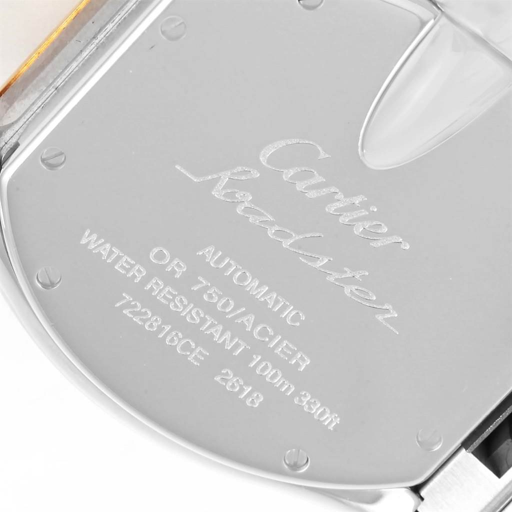 This image shows the back case of the Cartier Roadster W62027Z1 Men's Steel and Gold (two tone) Silver Dial W62027Z1 Men's Steel and Gold (two tone) Silver Dial watch, displaying engravings including model and water resistance details.