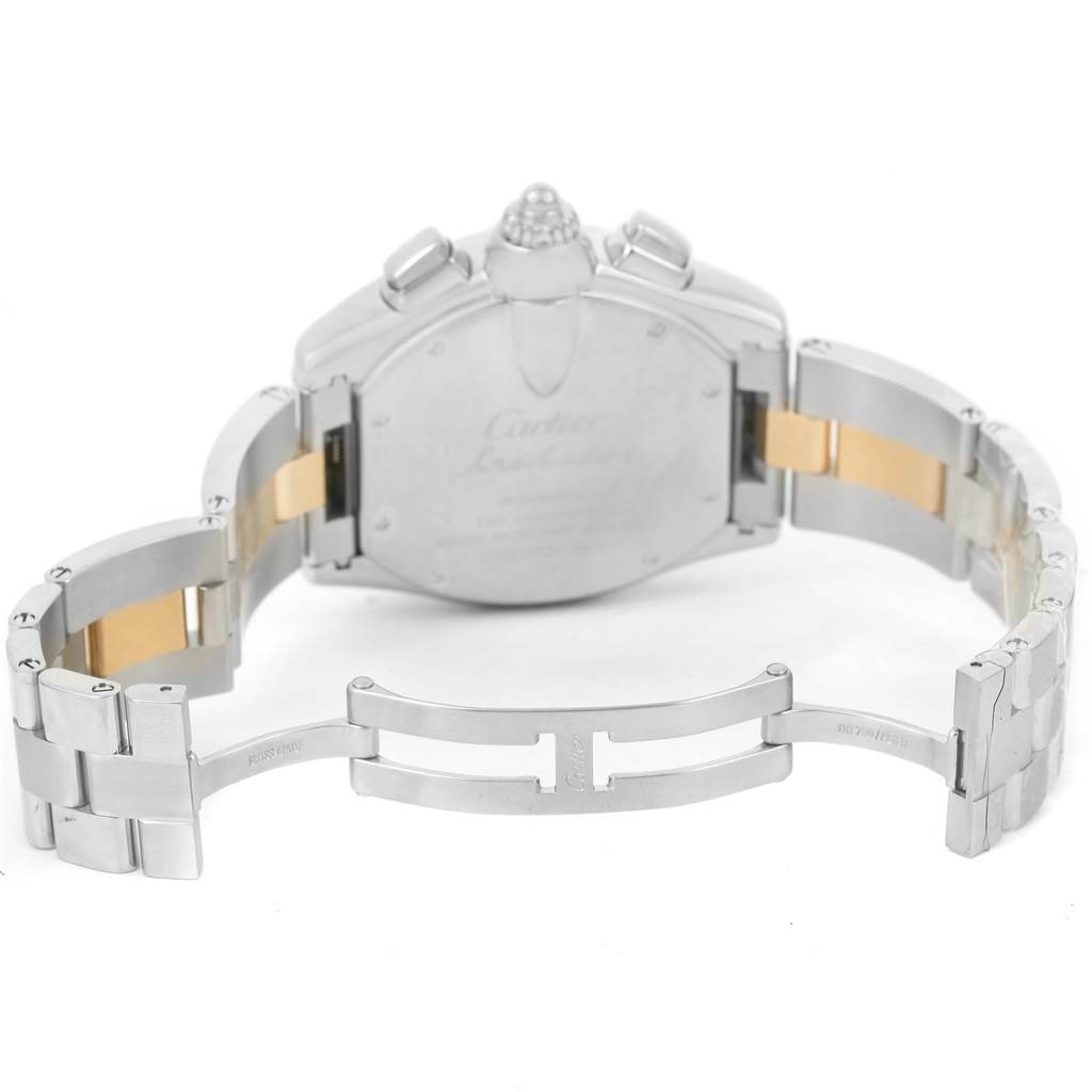The image shows the back view of the Cartier Roadster W62027Z1 Men's Steel and Gold (two tone) Silver Dial W62027Z1 Men's Steel and Gold (two tone) Silver Dial watch, highlighting the bracelet and clasp.