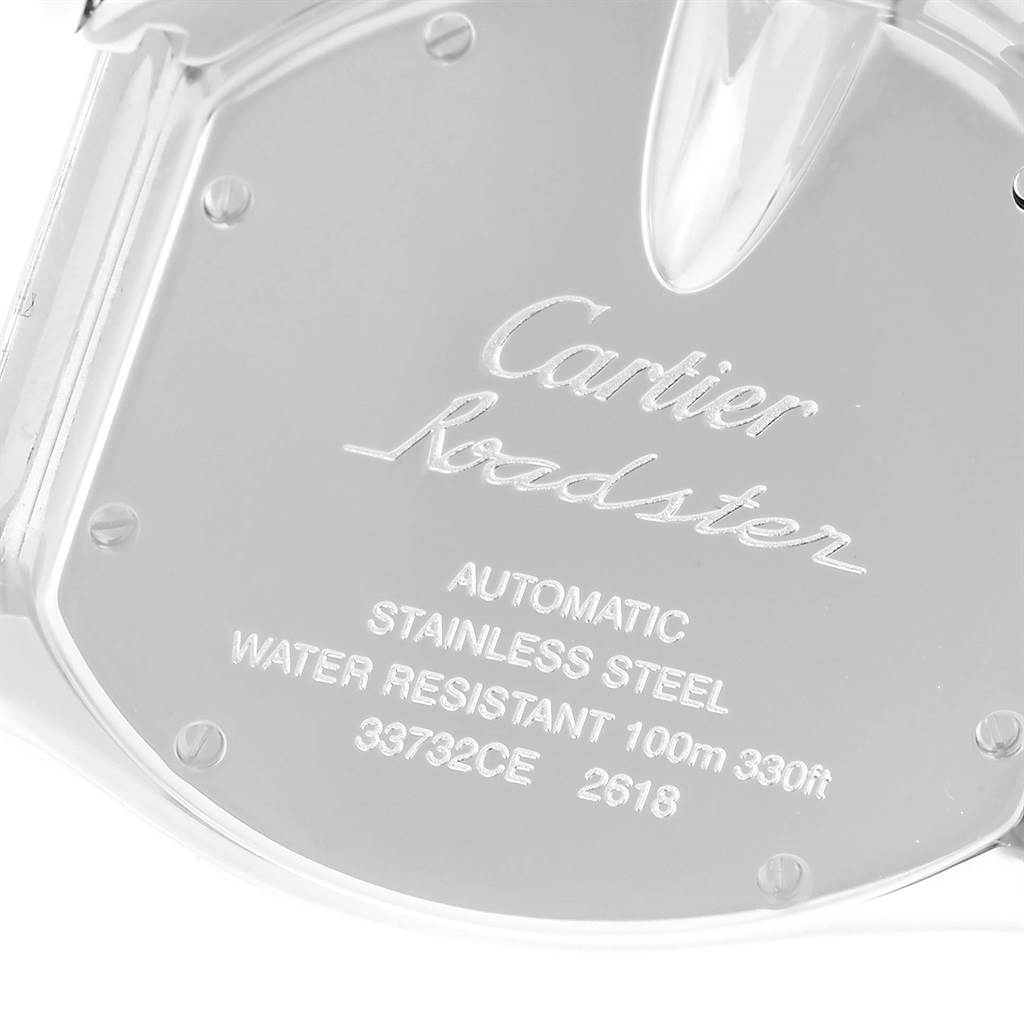 The image shows the back case of a Cartier Roadster W62006X6 Men's Stainless Steel Silver Dial W62006X6 Men's Stainless Steel Silver Dial watch, detailing its specifications and inscriptions.