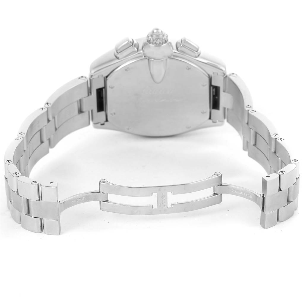 This image shows the back case and bracelet of a Cartier Roadster W62006X6 Men's Stainless Steel Silver Dial W62006X6 Men's Stainless Steel Silver Dial watch, including the deployment clasp.